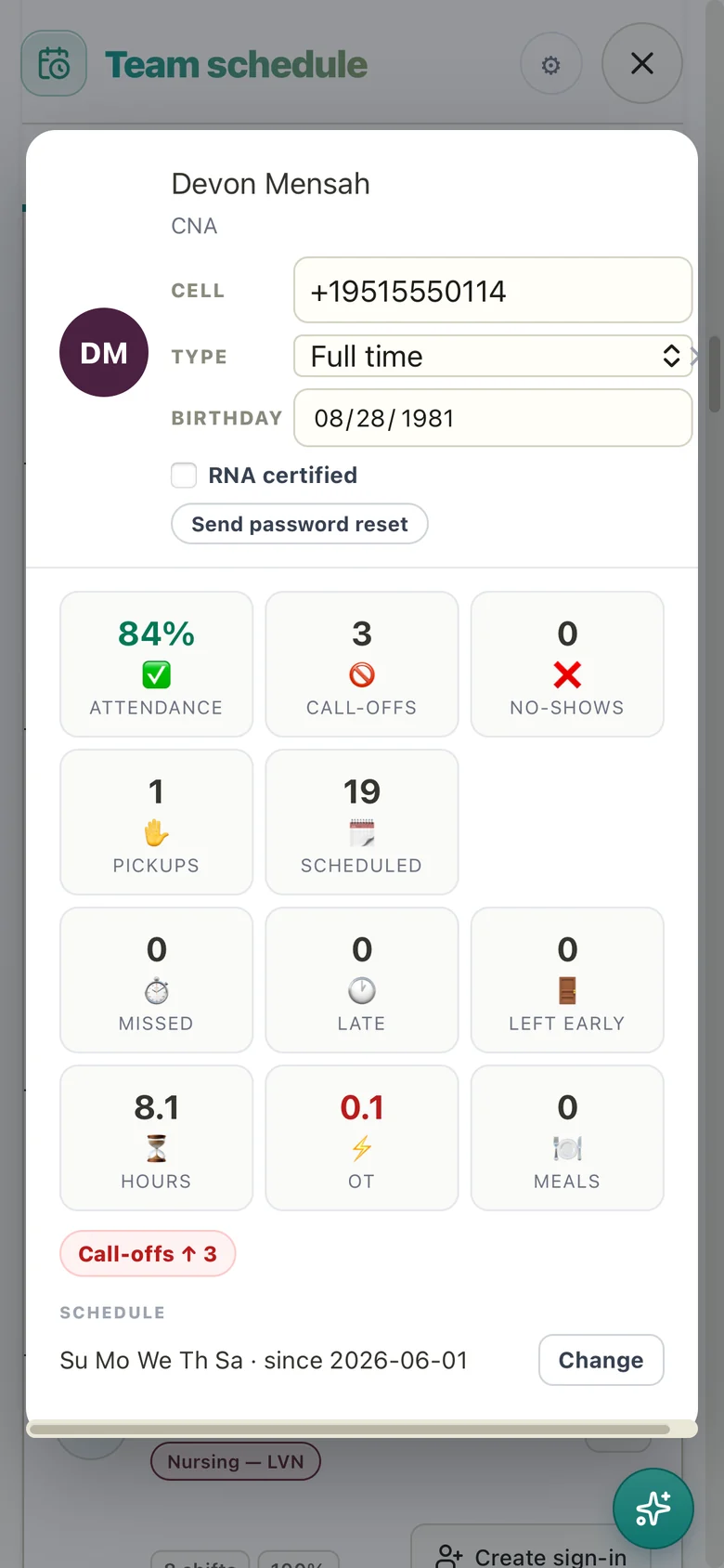 A CNA's card with three call-offs flagged for a follow-up
