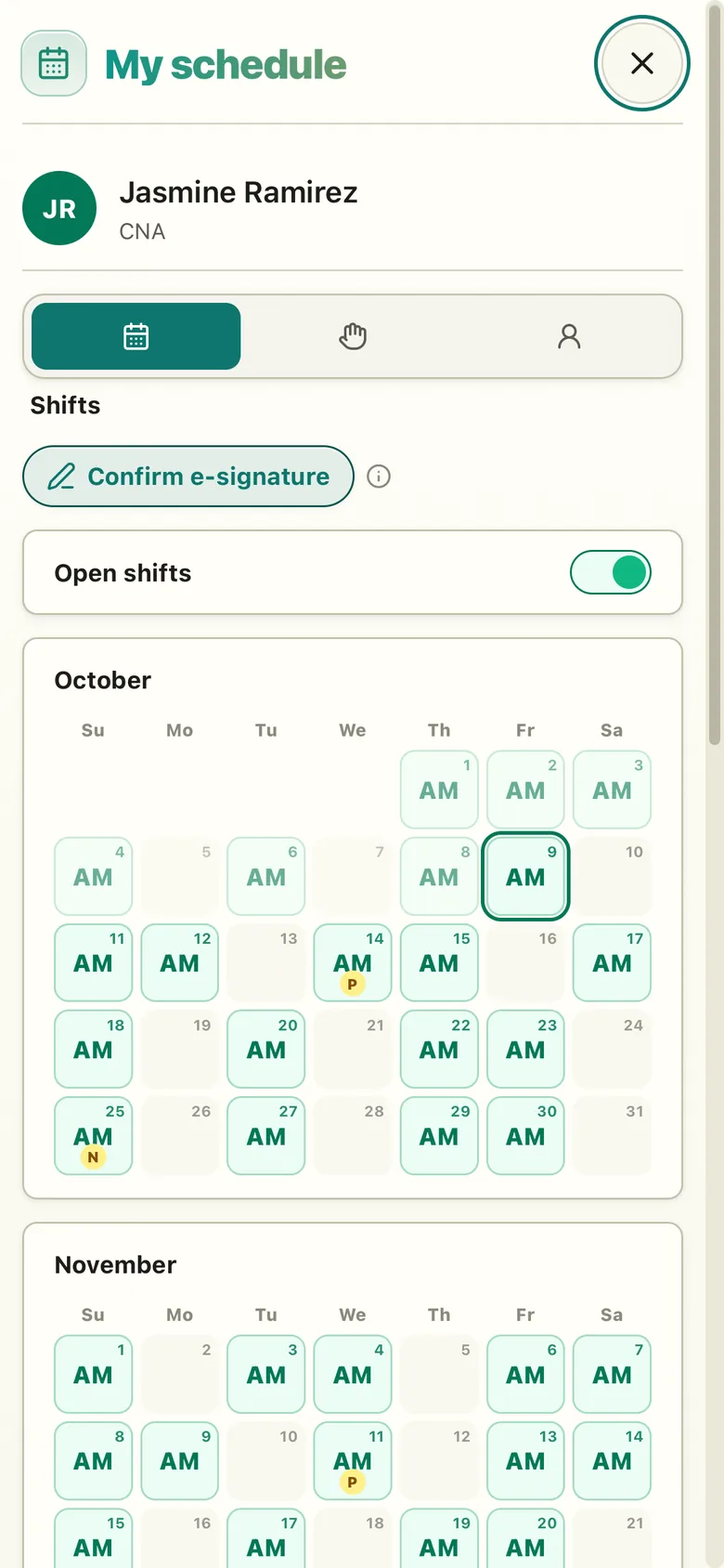 A CNA's own schedule as a month calendar