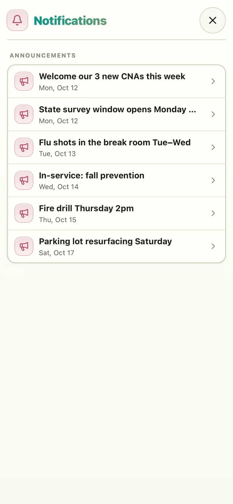 A CNA's phone: six announcements, including new CNAs, the state survey window, flu shots and a fire drill, each with its date