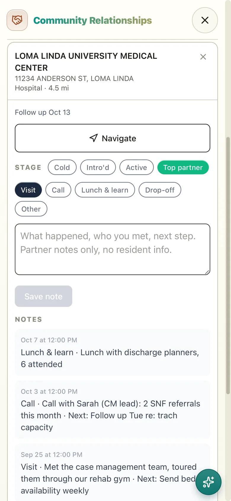 A hospital's card in Community Relationships: Top partner, follow up Oct 13, and a log of visits, calls and a lunch with short notes