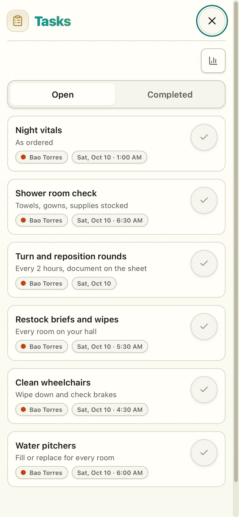 A night-shift CNA's task list: six routines including night vitals, turn and reposition rounds and water pitchers, each with a check-off button